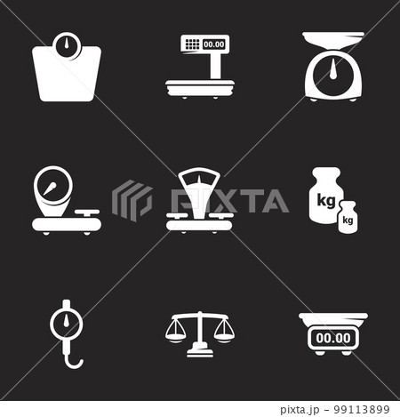 Icons for theme scales, weighing, weight, balance. Black background Icons for theme scales, weighing, weight, balance. Black background 99113899