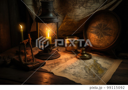 机の上の古い地図と方位磁石 99115092