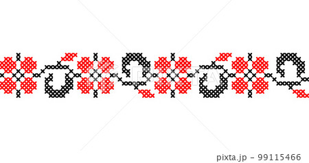 Ukraine border pattern, vector ornament. Ukraine folk, ethnic geometric embroidery. Border pattern in red and black colors. Pixel art, vyshyvanka, cross stitch 99115466