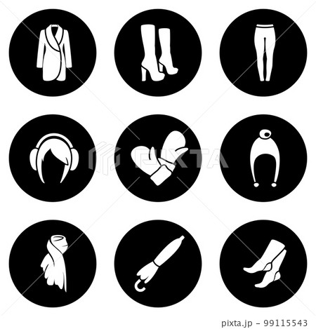 Set of simple icons on a theme women's clothing, vector, design, collection, flat, sign, symbol,element, object, illustration, isolated. White background 99115543
