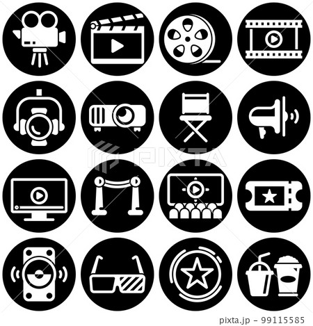 Set of simple icons on a theme Cinema, theater, entertainment, sound, monitor, fame alley, lighting, light, vector, design, flat, sign, symbol, object. White background Set of simple icons on a theme Cinema, theater, entertainment, sound, monitor, fame alley, lighting, light, vector, design, flat, sign, symbol, object. White background 99115585