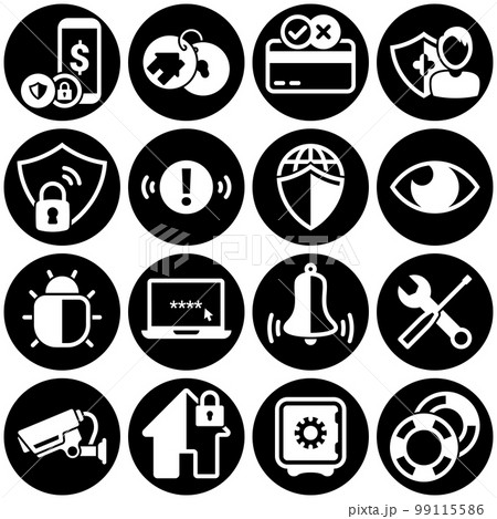 Set of simple icons on a theme Security, credit card, insurance, internet, surveillance, home, notification, vector, flat, sign, web, symbol, object. White background 99115586