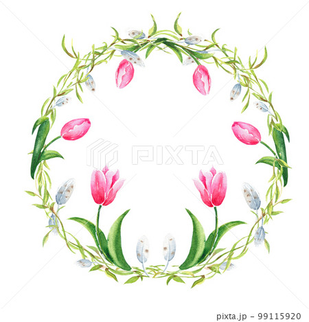 Easter floral wreath with spring tulips, plumelets willow branches. Watercolor hand drawn illustration. Perfect for cards, posters, festive designs. 99115920