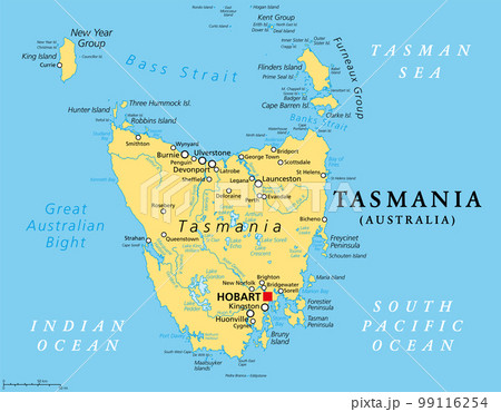 Tasmania, island state of Australia, political map. Located south of the Australian mainland, separated from it by Bass Strait, surrounded by 1000 islands, with the capital and largest city Hobart. Tasmania, island state of Australia, political map. Located south of the Australian mainland, separated from it by Bass Strait, surrounded by 1000 islands, with the capital and largest city Hobart. 99116254