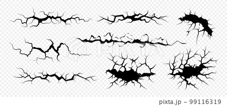 Cracks set for fault effect, earth drying, wall destruction, earthquake. Isolated objects set. Vector illustration 99116319
