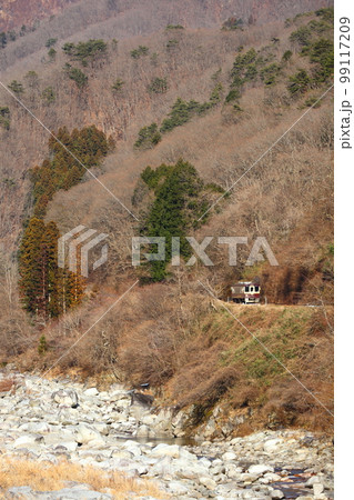 山間を走るわたらせ渓谷鉄道の列車 99117209