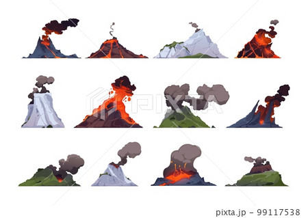 Volcano collection. Rock exploding with magma, smoke and ashes, volcanic mountains crater explosion with lava and dust, geothermal eruption. Vector set 99117538