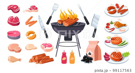 Barbecue grill. Cartoon bbq elements set, brazier coal kebab skewers sausages sauce meat steaks, picnic equipment to prepare food. Vector flat collection 99117563