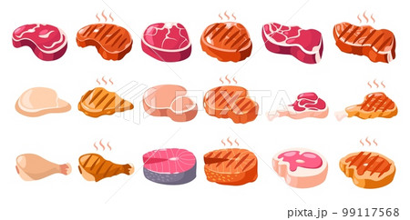 Meat tenderloin. Cartoon sliced butchery steaks for barbecue, cooked grilled roasted pork, raw beef rib lamb sirloin, fresh products concept. Vector flat set 99117568