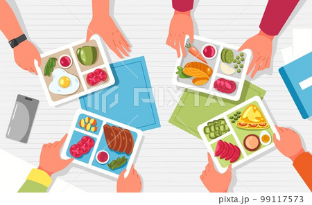 Hands with lunchbox. Arms holding containers with healthy food on table top view, cartoon flatlay with packed bags full of fruits vegetables. Vector illustration 99117573