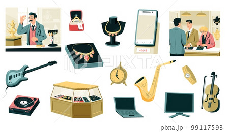 Pawn shop collection. Cartoon pawnbroker sells jewelry collection to customer, store interior with valuable things and antiques, gems for collateral. Vector set 99117593