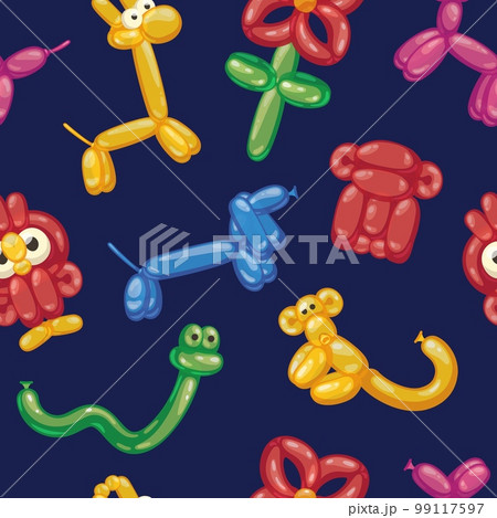 Balloon animals pattern. Seamless print of cute inflatable birthday party decoration elements, funny dog monkey snake horse characters. Vector texture 99117597