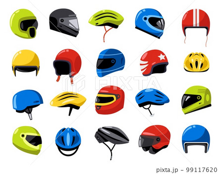 Motorcycle helmets. Racing headgear equipment for extreme motorcyclist driver motorbikes bicycle biker, head protection cartoon flat style. Vector set Motorcycle helmets. Racing headgear equipment for extreme motorcyclist driver motorbikes bicycle biker, head protection cartoon flat style. Vector set 99117620