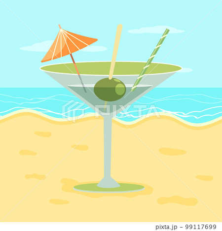 Summer refreshing cocktail with an olive, a cocktail umbrella and a straw on the sea beach. Illustration, postcard, vector 99117699