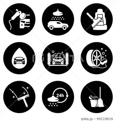 Set of white icons isolated against a black background, on a theme Car Wash 99119016