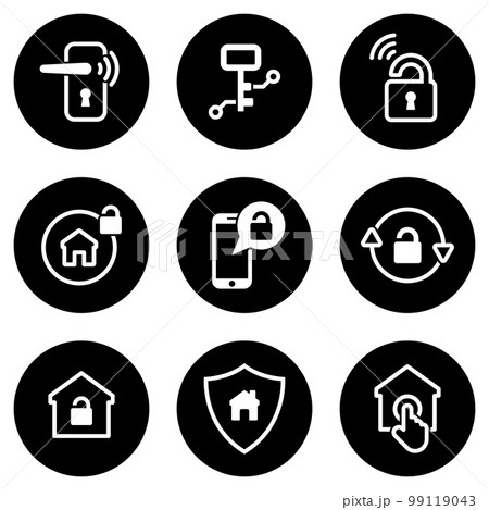 Set of simple icons on a theme Smart door lock, vector, design, collection, flat, sign, symbol,element, object, illustration, isolated. White background 99119043