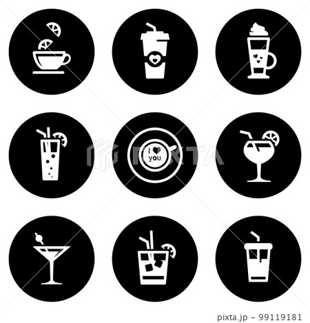 Set of white icons isolated against a black background, on a theme Drink 99119181