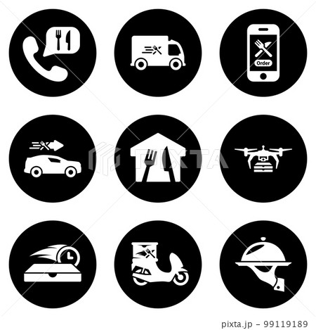 Set of white icons isolated against a black background, on a theme Food delivery Set of white icons isolated against a black background, on a theme Food delivery 99119189