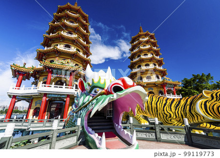 Architecture view of the Dragon and Tiger Pagodas in Lotus Pond of Kaohsiung, Taiwan. it is a temple located at Lotus Pond. Architecture view of the Dragon and Tiger Pagodas in Lotus Pond of Kaohsiung, Taiwan. it is a temple located at Lotus Pond. 99119773