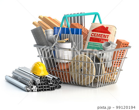Shopping basket full of construction materials and tools with calculator. 99120194