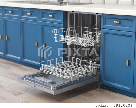 Open empty dishwasher in kitchen. Open empty dishwasher in kitchen. 99120203