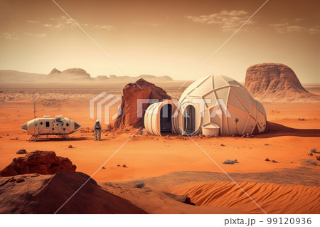 man standing in the desert next to building. Generative AI 99120936