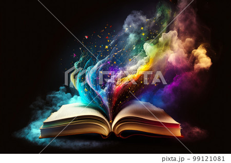 an open book with colorful smoke coming out of it. Generative AI 99121081