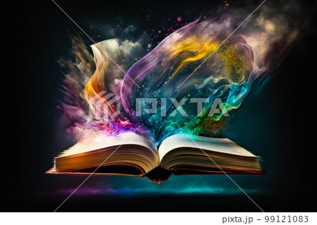 an open book with bookmark flying out of it. Generative AI 99121083