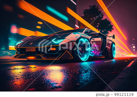 Futuristic Sports Car Drifting in the Neon Street Stock Illustration -  Illustration of wallpaper, design: 271217121