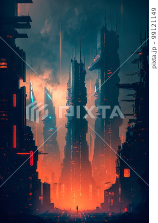 sci - fi cityscape is shown in the distance. Generative AI 99121149