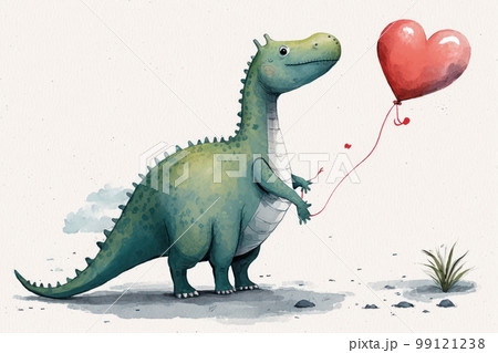 green dinosaur holding red heart balloon. Generative AI 99121238