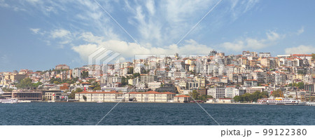 View from Bosphorus of the European side of Istanbul with Mimar Sinan Fine Art University, and Galata Port, Karakoy 99122380