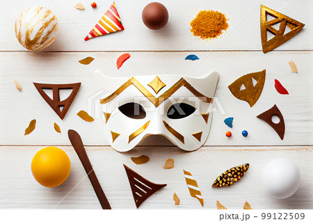 3D illustration of Purim celebration concept with Jewish carnival holiday over wooden white background. View from the top, flat lay. 3D illustration of Purim celebration concept with Jewish carnival holiday over wooden white background. View from the top, flat lay. 99122509