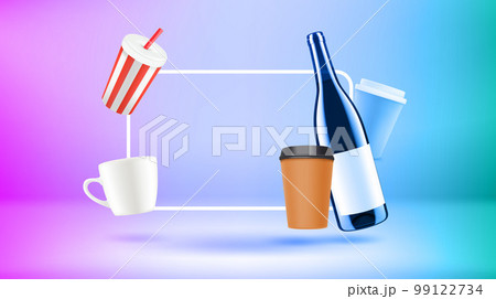 Poster template with beverages and empty frame. New post concept. Vector 3d banner 99122734