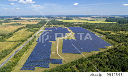 Solar Panel Green Factory Field Alternative Energy in Ukraine Aerial View Solar Panel Green Factory Field Alternative Energy in Ukraine Aerial View 99123434