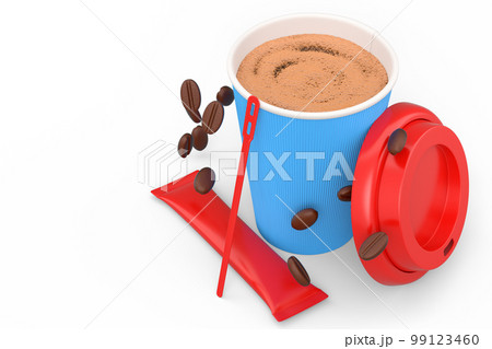 Paper coffee cup with cover, sugar, coffee bean and stick for americano espresso Paper coffee cup with cover, sugar, coffee bean and stick for americano espresso 99123460