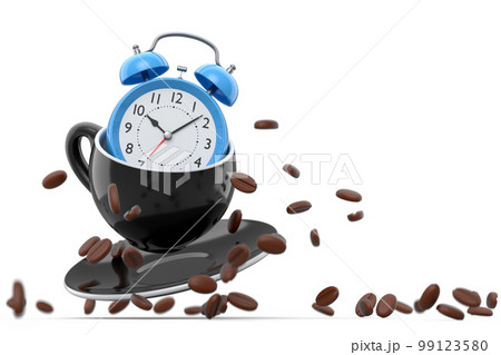 Vintage alarm clock with ceramic coffee cup on white background. 99123580