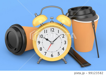 Vintage alarm clock with paper coffee cup on blue background. 99123582