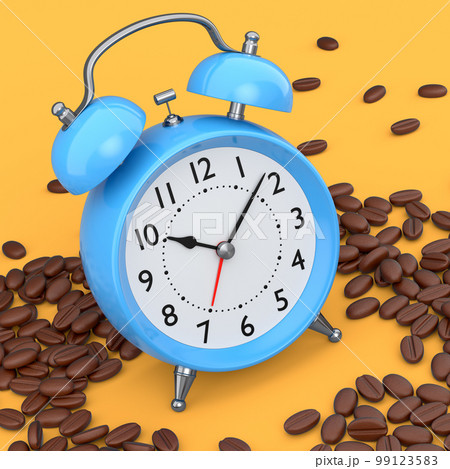 Vintage alarm clock with roasted coffee beans spread out on yellow background. 99123583