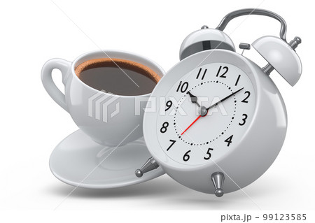 Vintage alarm clock with ceramic coffee cup on white background. Vintage alarm clock with ceramic coffee cup on white background. 99123585