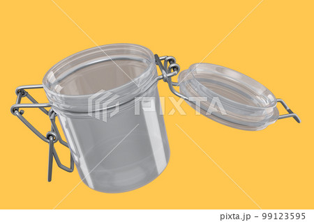 Empty glass jar for coffee beans isolated on yellow background. 99123595