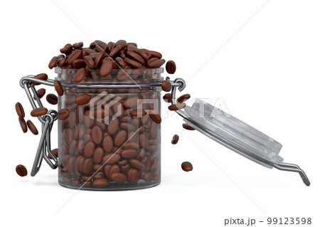 Glass jar with coffee beans isolated on white background. 99123598
