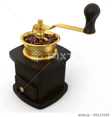 Manual wooden coffee grinder with coffee beans on white background. 99123599