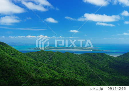 沖縄県西表島古見岳中腹から見た小浜島 99124246