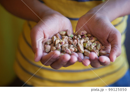 close up of natural pistachios nut on hand close up of natural pistachios nut on hand 99125050