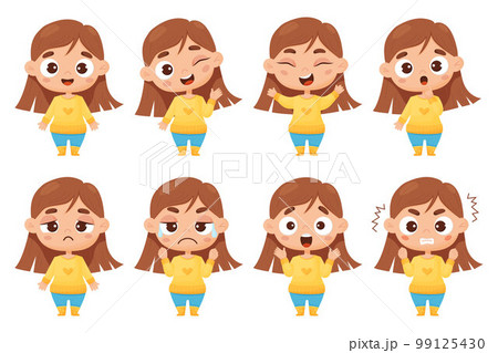 kids collection of emotions. Cute girl in full growth with different facial expressions and feelings - happiness, crying, anger, smile, delight, wonder. Vector illustration cartoon style for design kids collection of emotions. Cute girl in full growth with different facial expressions and feelings - happiness, crying, anger, smile, delight, wonder. Vector illustration cartoon style for design 99125430
