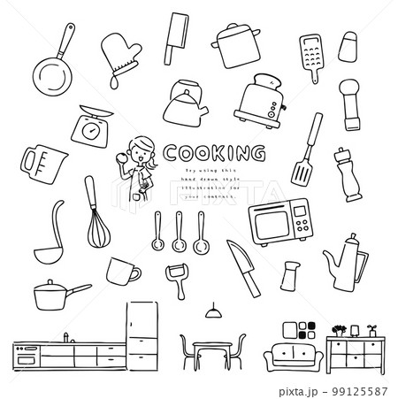 キッチンアイコンのセット 手描き モノクロ キッチンアイコンのセット 手描き モノクロ 99125587