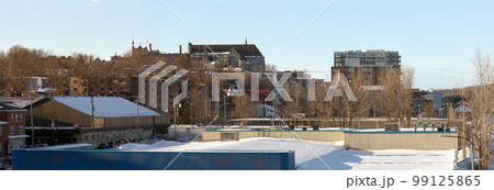 Sherbrooke city in Quebec, Canada. Small city landscape panoramic view downtown winter cityscape with church Sherbrooke city in Quebec, Canada. Small city landscape panoramic view downtown winter cityscape with church 99125865