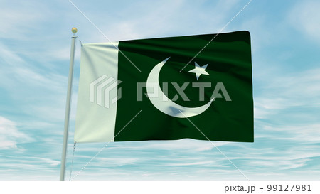 Seamless loop animation of the Pakistan flag on a blue sky background. 3D Illustration 99127981