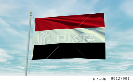 Seamless loop animation of the Yemen flag on a blue sky background. 3D Illustration Seamless loop animation of the Yemen flag on a blue sky background. 3D Illustration 99127991